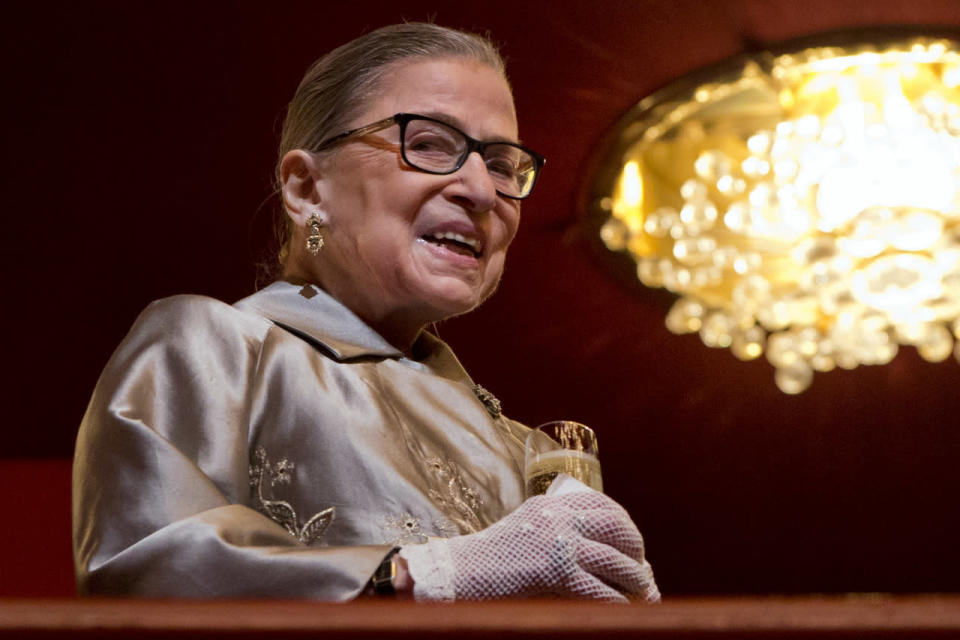 Supreme Court Justice Ruth Bader Ginsburg wearing white fishnet gloves at the 38th Annual Kennedy Center Honors at The Kennedy Center Hall of States in Washington, DC.