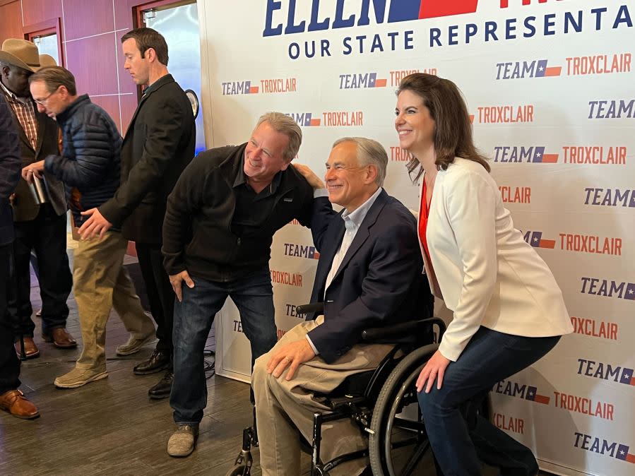 Gov. Greg Abbott joined State Rep. Ellen Troxclair for a rally on the first day of the early voting period in the Texas primary. (KXAN photo/Todd Bailey)