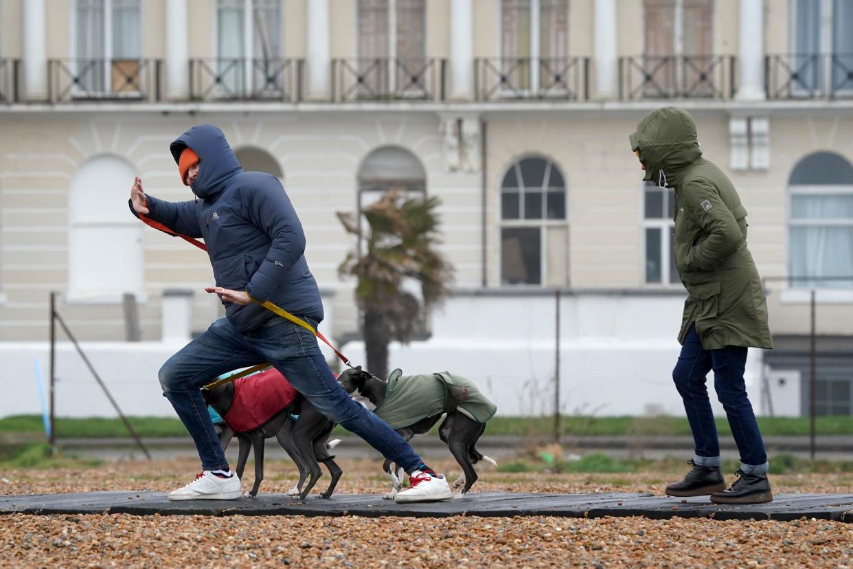 A couple walk their dogs along the beach during strong winds in Folkestone, Kent, as wet and windy weather is forecast for parts of the UK with the arrival of Storm Antoni (PA) (PA Wire)