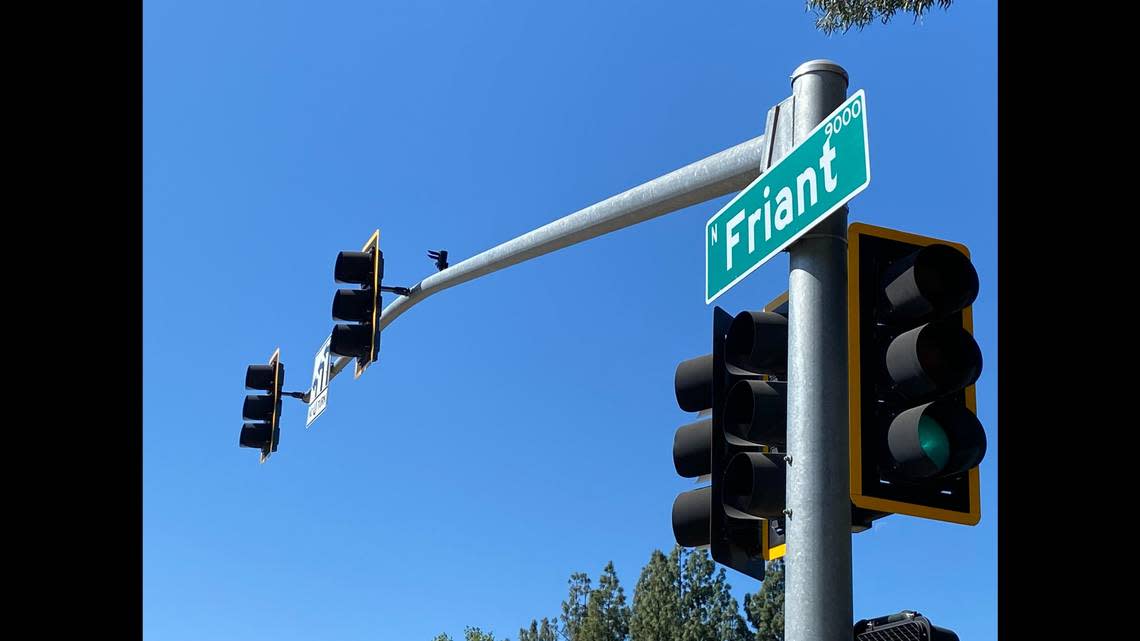 One of the stoplights at Friant and Shepherd avenues on Thursday, April 13, 2023, where accidents occur regularly, according to a resident with a camera trained on the intersection.