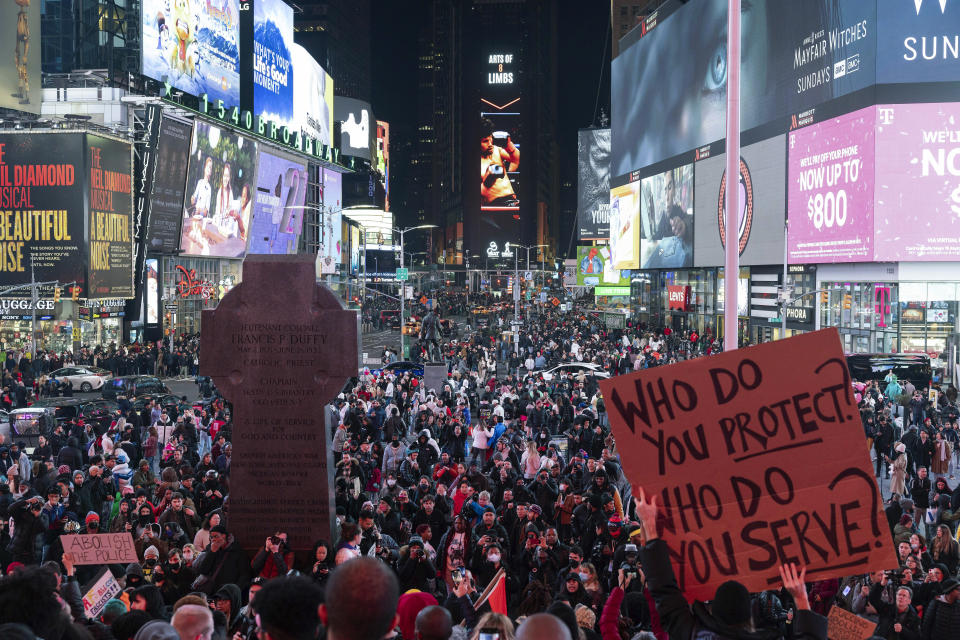 FILE - Demonstrators gather during a protest in Times Square on Saturday, Jan. 28, 2023, in New York, in response to the death of Tyre Nichols, who died after being beaten by Memphis police during a traffic stop. (AP Photo/Yuki Iwamura, File)