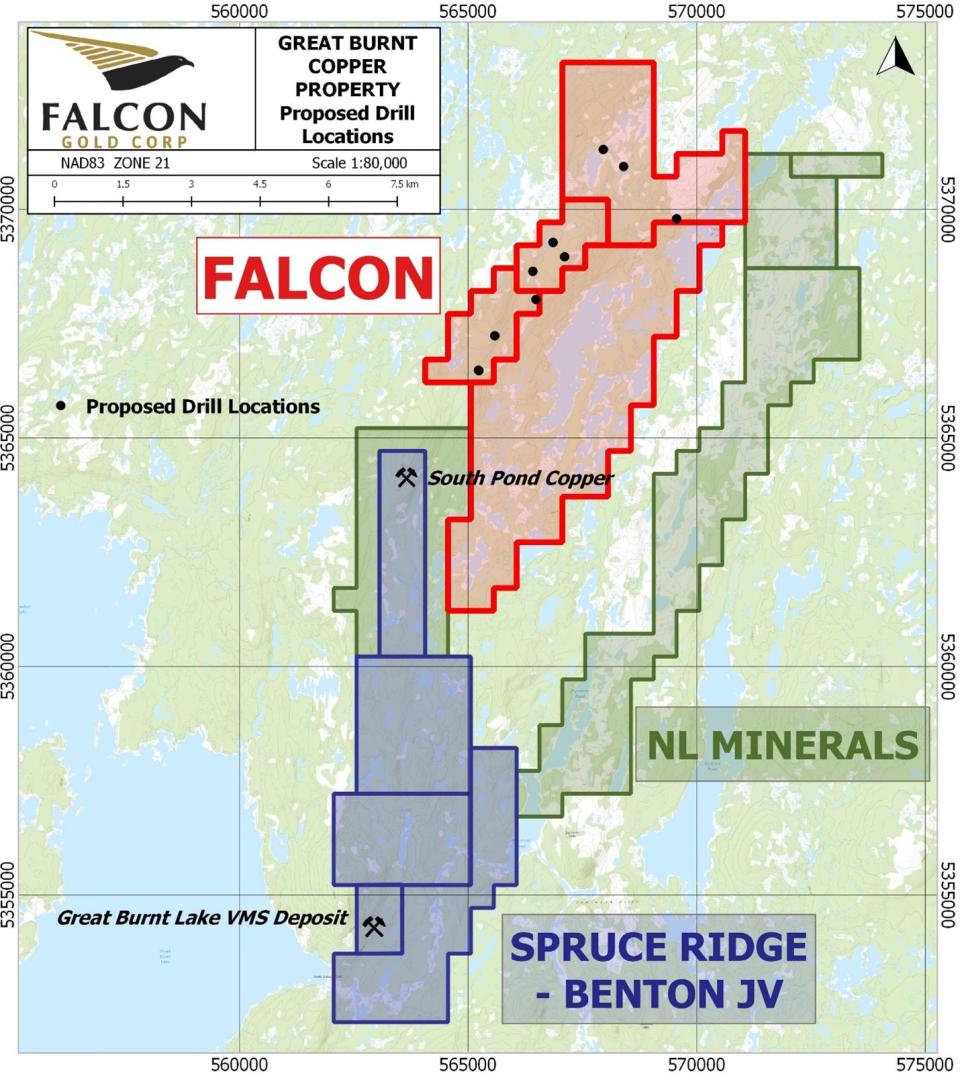 <i><strong>Figure 1. Location of proposed drilling within Falcon Gold's recent acquisition proximal to the Benton -Spruce Ridge Great Burnt Copper Gold Project in central Newfoundland.</strong></i>