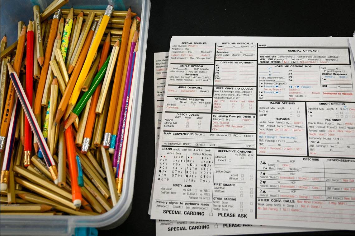 Scorecards and pencils are available for players at the Bridge Studio in Overland Park.