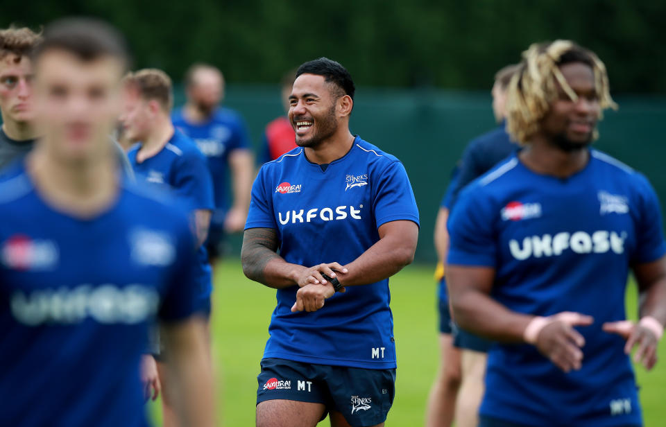 MANCHESTER, ENGLAND - JULY 14:  Manu Tuilagi of Sale Sharks smiles during training at their Carrington Training Ground on July 14, 2020 in Manchester, England. (Photo by David Rogers/Getty Images)