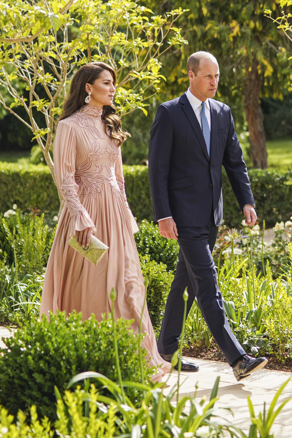 Britain's Prince William and his wife Kate arrive at the marriage ceremony of Crown Prince Hussein and Saudi architect Rajwa Alseif on Thursday, June 1, 2023, in Amman, Jordan. (Royal Hashemite Court via AP)