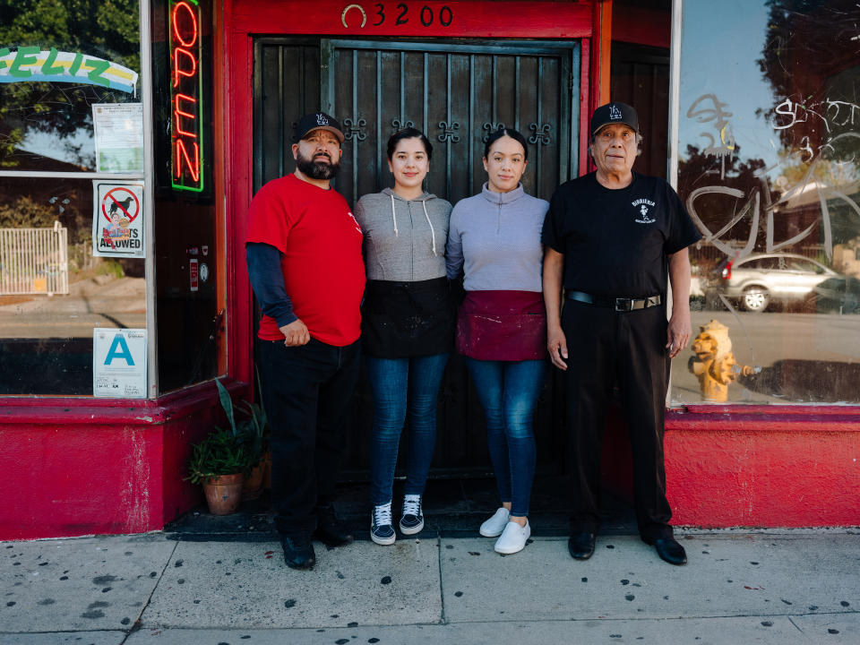 From left to right, Javier, Rosio, Violeta and Silverio Moreno outside their East Los Angeles restaurant, Birrieria NochistlÃ¡n, which specializes in Zacatecan-style birria on Jan. 30, 2021. With infinite variations, birria, the regional Mexican stew is now a social-media star in Los Angeles and beyond. (Rozette Rago/The New York Times)