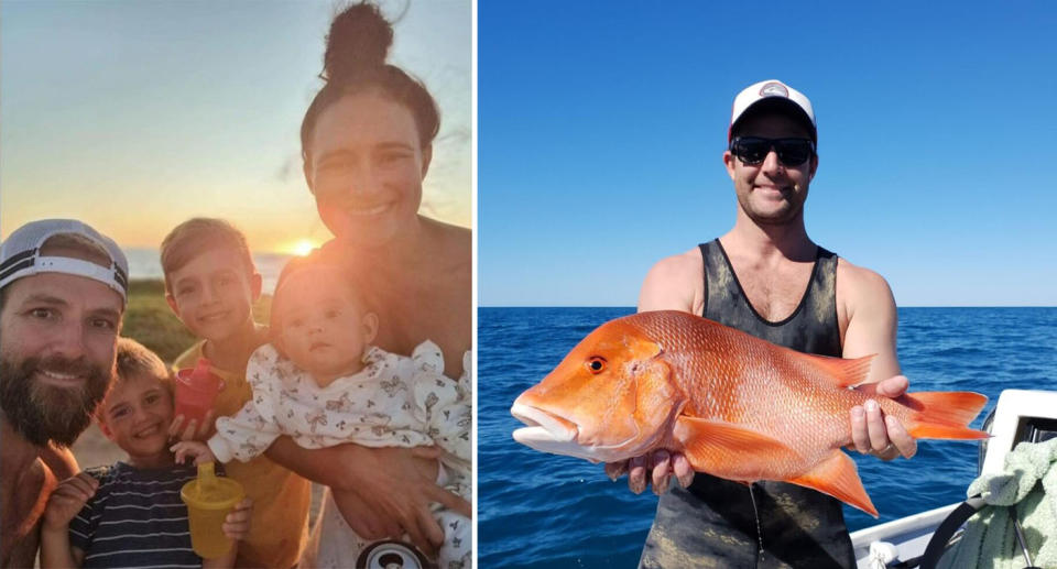 Left: Shark attack victim Robbie Peck poses for a photo with his family. Right: Robbie Peck holds a fish he caught.