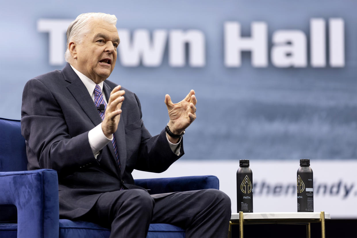 Nevada Gov. Steve Sisolak participates in a gubernatorial debate during IndyFest at Worre Studios, Sunday, Oct. 2, 2022, in Las Vegas. (AP Photo/Ellen Schmidt)