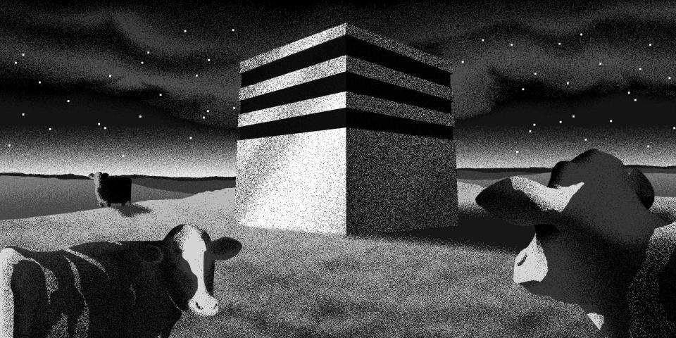Graphic of cows in front of a large blocky building