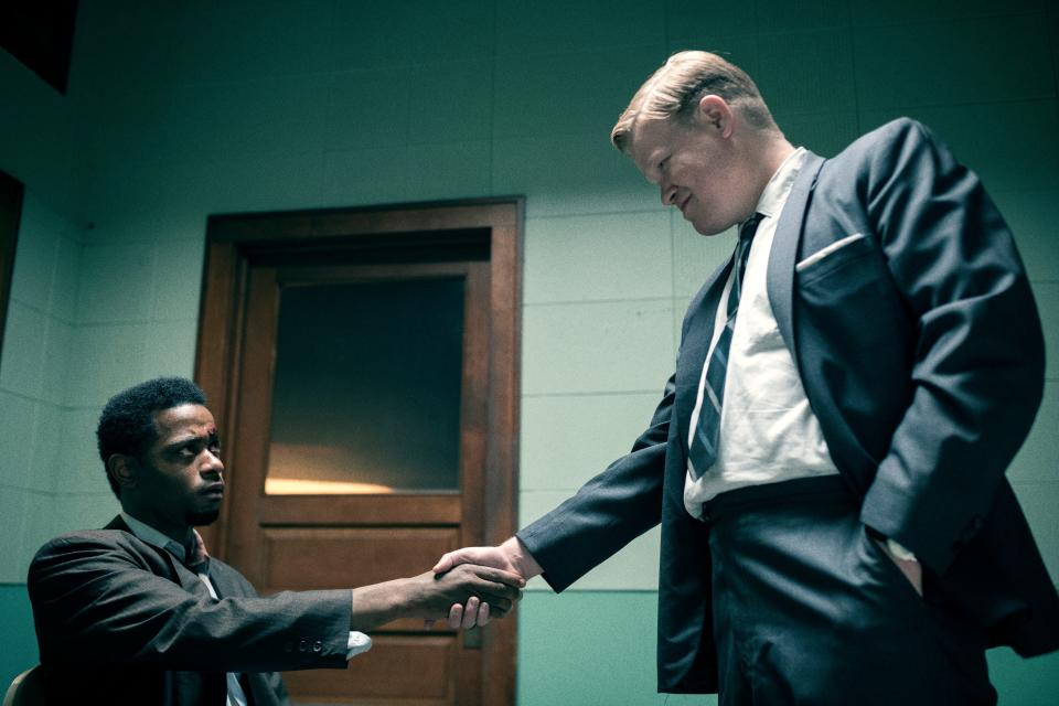 Bill O'Neal (Lakeith Stanfield, left) avoids prison by making a deal with FBI agent Roy Mitchell (Jesse Plemons) in "Judas and the Black Messiah."