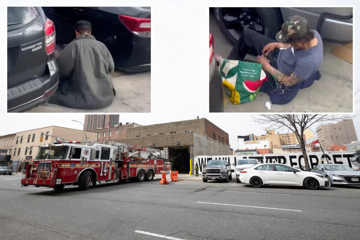 Fire truck coming out of firehouse on East 124th Street and 3rd Avenue, and junkies' backs as they sit between firefighter's cars in screenshots from a March 17 Instagram video.