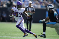 Minnesota Vikings running back Dalvin Cook (33) runs against the Carolina Panthers during the first half of an NFL football game, Sunday, Oct. 17, 2021, in Charlotte, N.C. (AP Photo/Gerald Herbert)