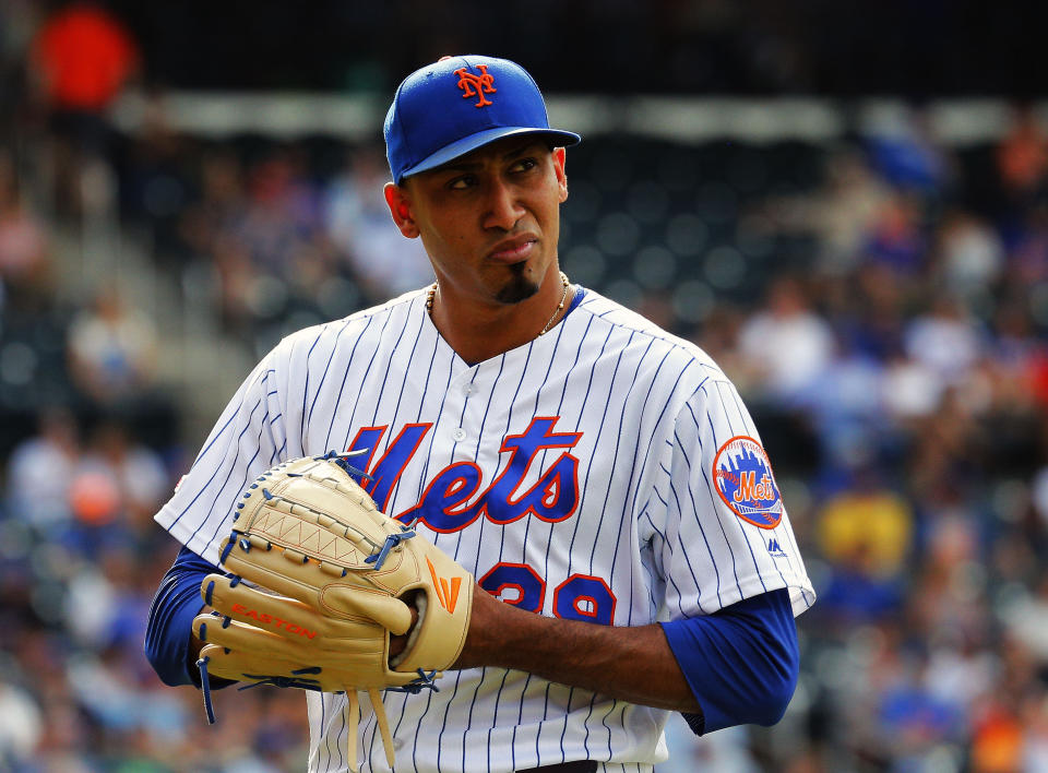 Aug 11, 2019; New York City, NY, USA; New York Mets relief pitcher Edwin Diaz (39) reacts after giving up a two run home run against the Washington Nationals during the ninth inning at Citi Field. Mandatory Credit: Andy Marlin-USA TODAY Sports