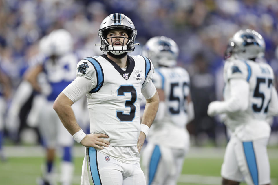 Carolina Panthers quarterback Will Grier (3) looks at a replay during the second half of an NFL football game against the Indianapolis Colts, Sunday, Dec. 22, 2019, in Indianapolis. (AP Photo/Michael Conroy)