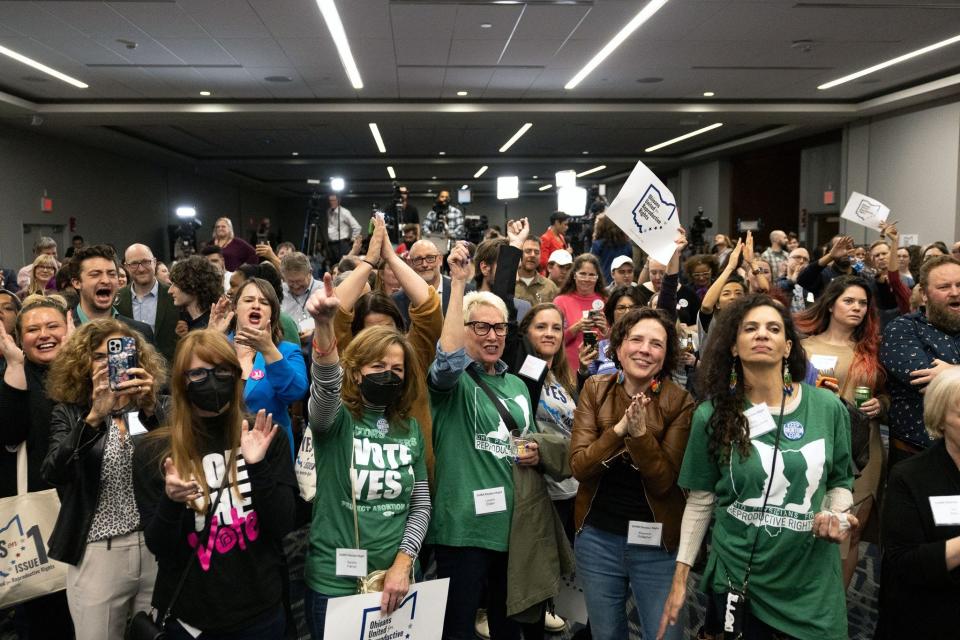 On Nov. 7, abortion rights supporters in Columbus, Ohio, celebrate winning the referendum on the so-called Issue 1, a measure to enshrine a right to abortion in the state's constitution.