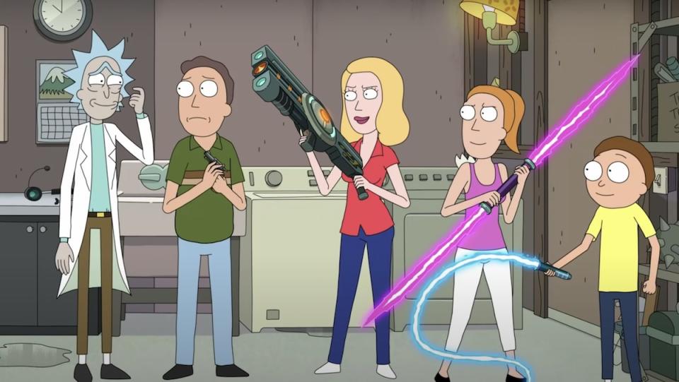 Rick and Morty's Smith family, with Rick crying, Jerry holding a gun, Beth holding a huge laser gun, Summer holding a lightsaber spear, and Morty holding a lightsaber whip