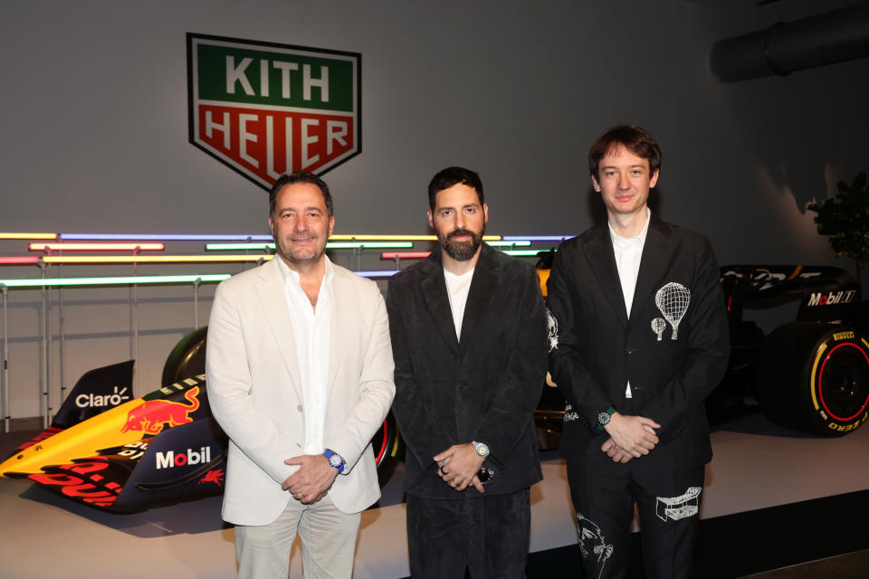 MIAMI, FLORIDA - MAY 03: (L-R) Julien Tornare, Ronnie Fieg and  Frédéric Arnault attend the TAG Heuer Formula 1 Kith Launch Celebration at Rubell Museum on May 03, 2024 in Miami, Florida.  (Photo by John Parra/Getty Images for TAG Heuer )