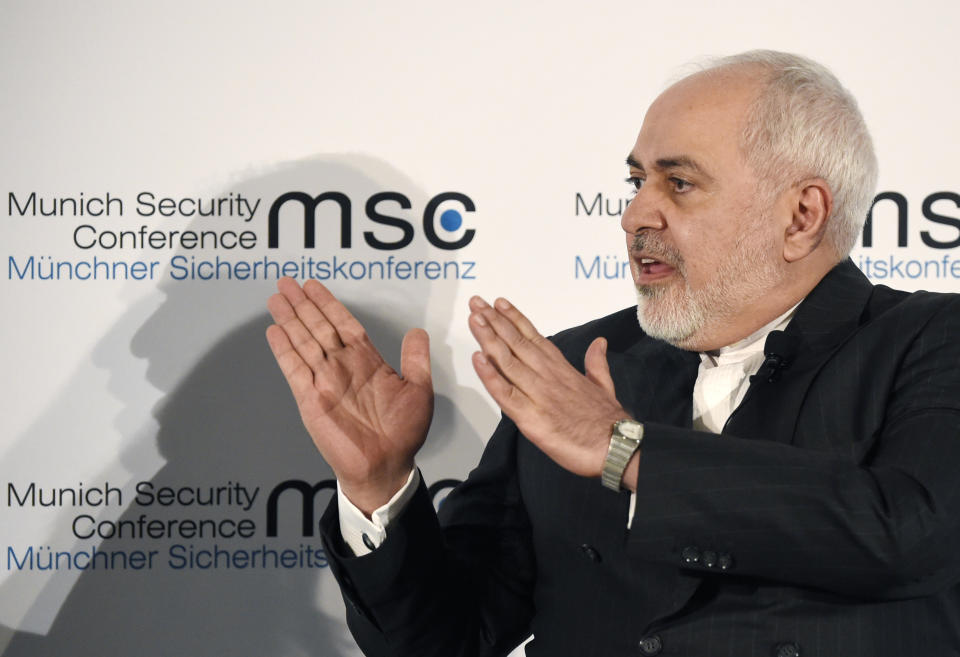 Iranian Foreign Minister Mohammad Javad Zarif speaks on the second day of the Munich Security Conference in Munich, Germany, Saturday, Feb. 15, 2020. (AP Photo/Jens Meyer)