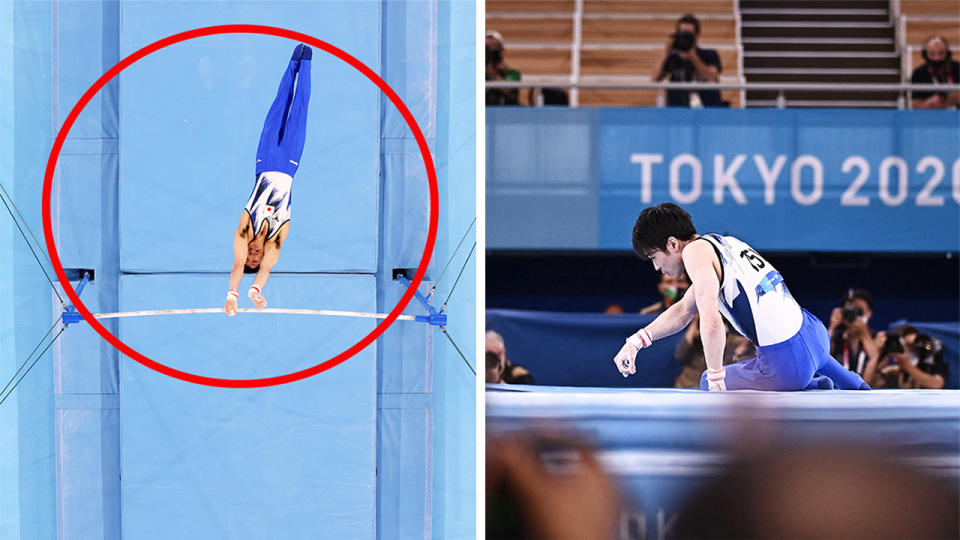 Japanese gymnast Kohei Uchimura (pictured right) devastated after falling off the high bar (pictured left) at the Tokyo Olympics.