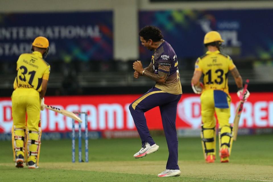 Sunil Narine of Kolkata Knight Riders celebrates the wicket of Ruturaj Gaikwad of Chennai Super Kings during the final of the Vivo Indian Premier League 2021 between the Chennai Super Kings and