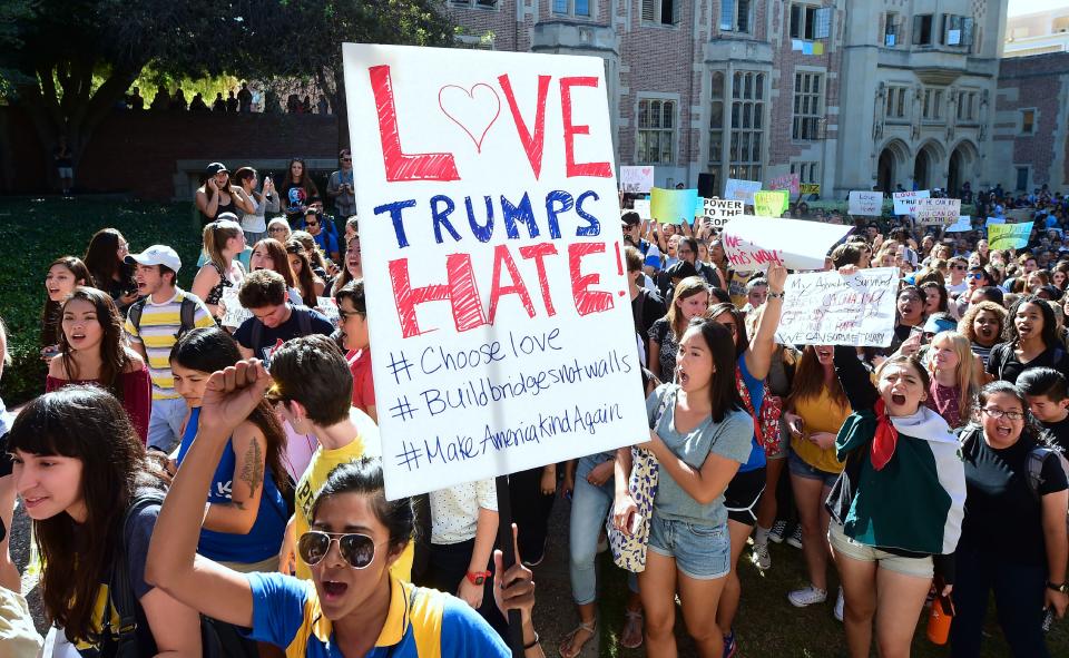 <p>University of California Los Angeles students march through campus on November 10, 2016 in Los Angeles, during a “Love Trumps Hate” rally in reaction to President-elect Donald Trump’s victory in the presidential election. (Photo: Frederic J. Brown/AFP/Getty images) </p>