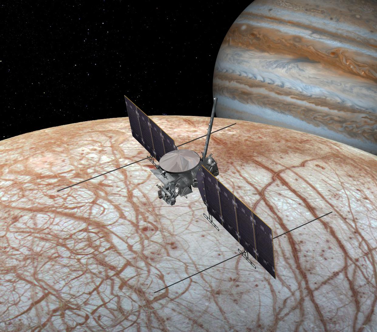 This artist's rendering shows NASA's Europa mission spacecraft, which will investigate the potential habitability of one of Jupiter's ice-covered ocean world moons.