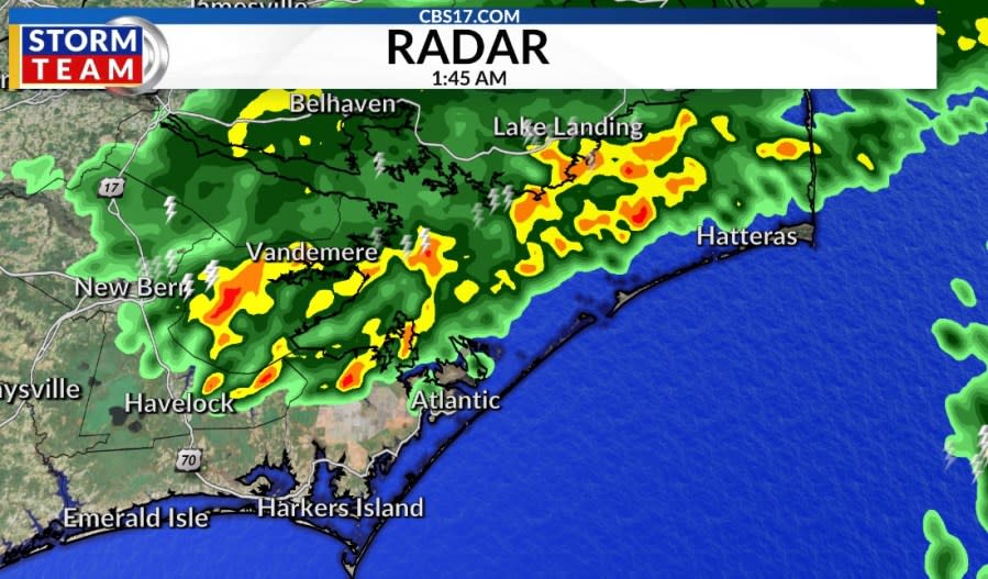 The line of thunderstorms as they approach the Outer Banks early Sunday morning.