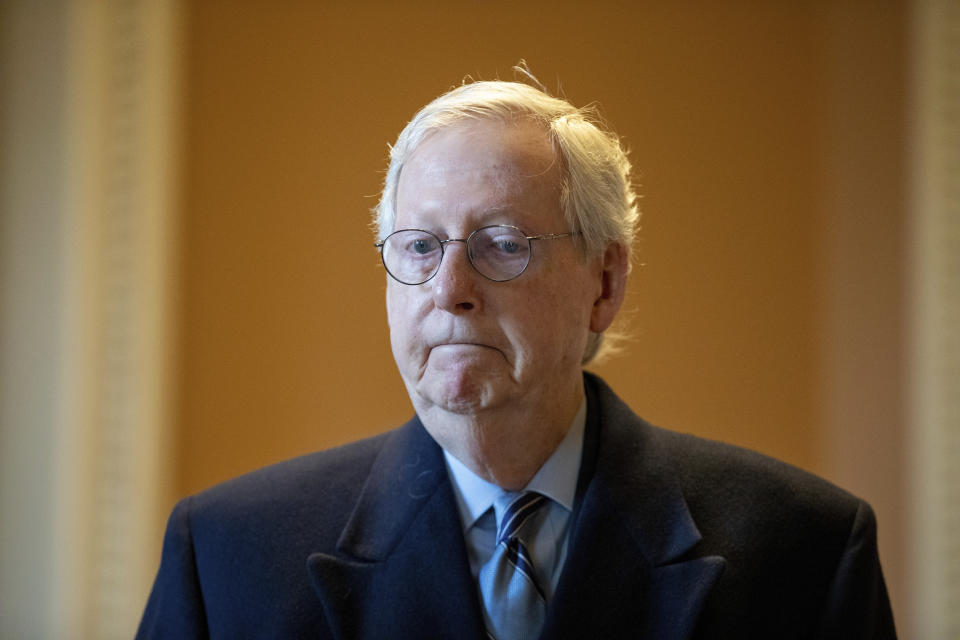 Senate Minority Leader Mitch McConnell, R-Ky., speaks to a reporter at the Capitol in Washington, Wednesday, Jan. 19, 2022. (AP Photo/Amanda Andrade-Rhoades)