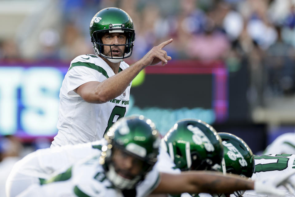 New York Jets quarterback Aaron Rodgers (8) calls out a play during the first half of an NFL preseason football game against the New York Giants, Saturday, Aug. 26, 2023, in East Rutherford, N.J. (AP Photo/Adam Hunger)