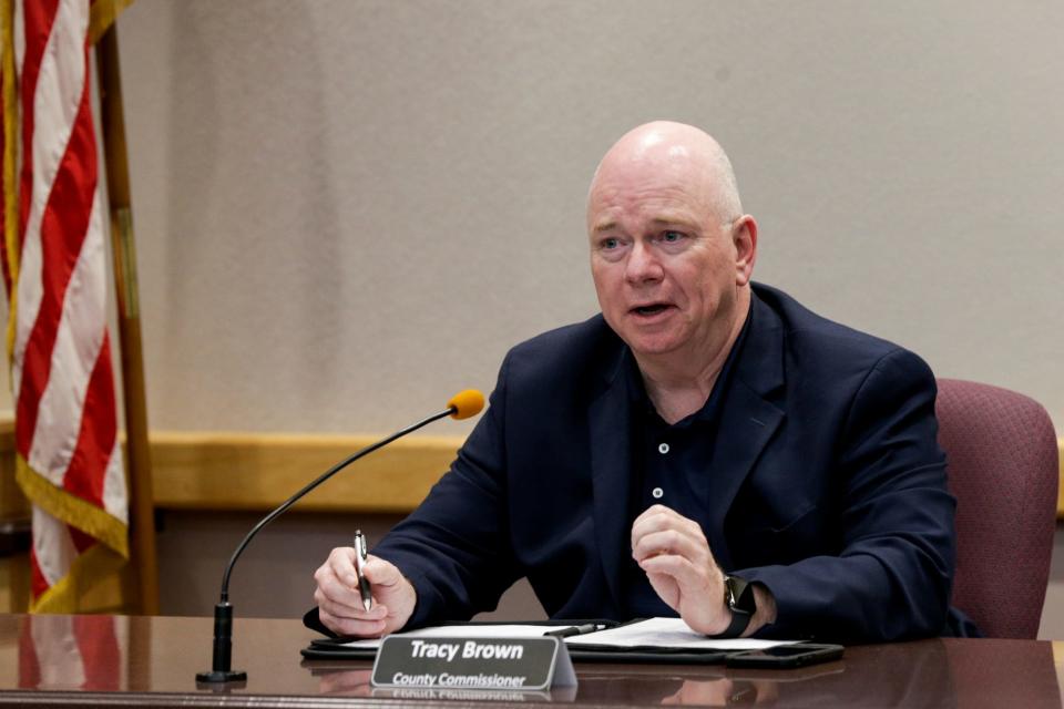 Tippecanoe County commissioner Tracy Brown speaks during a press conference at the Tippecanoe County Office Building, Wednesday, April 29, 2020 in Lafayette. 