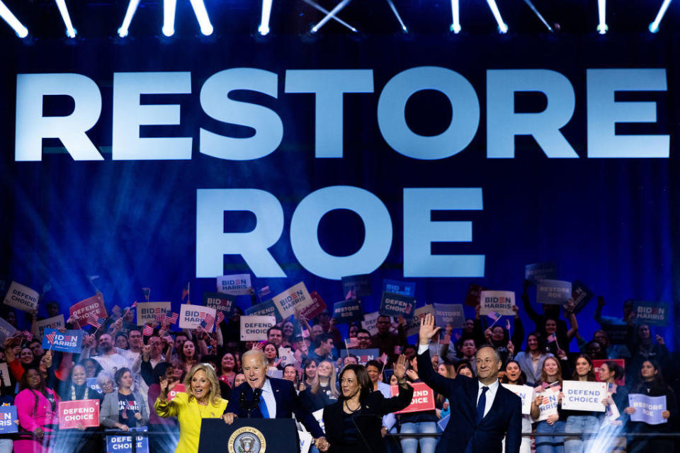 First lady Jill Biden, President Joe Biden, Vice President Kamala Harris, and second gentleman Doug Emhoff at a reproductive freedom campaign rally at George Mason University in Manassas, Virginia, on Tuesday, Jan. 23, 2024. / Credit: Julia Nikhinson/Bloomberg via Getty Images