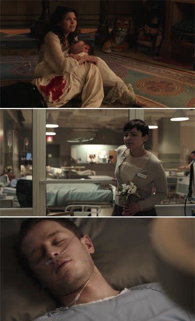 Prince Charming dying in Snow White's arms and then later, in modern day, he is just lying on a hospital bed