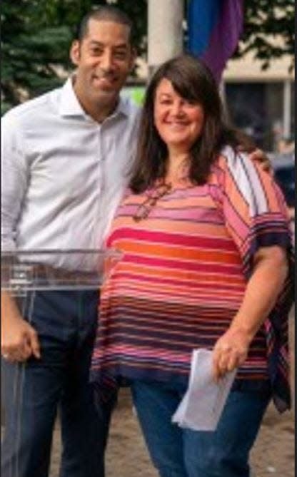Montclair Mayor Sean Spiller with Out Montclair Director Marie Cottrell at the Pride flag raising event in Montclair on June 7, 2024