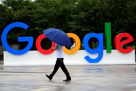 FILE PHOTO: A Google sign is seen during the WAIC (World Artificial Intelligence Conference) in Shanghai