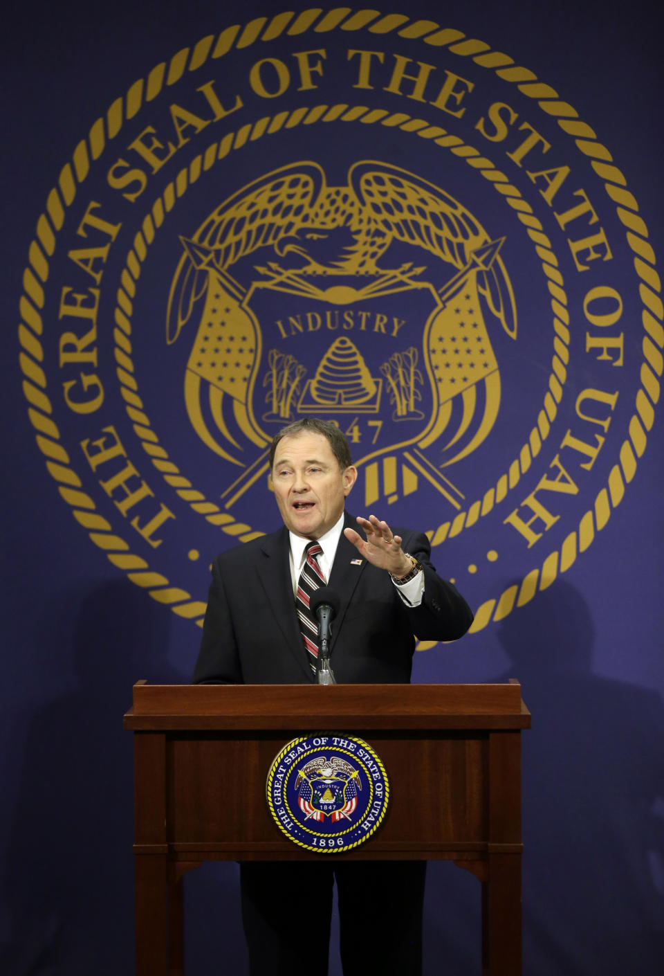 Utah Gov. Gary Herbert makes remarks during a news conference where he discussed Medicaid expansion Thursday, Feb. 27, 2014, in Salt Lake City. Herbert announced he wants to reject a full Medicaid expansion, and instead seek federal dollars to cover the poor. Herbert made the announcement Thursday afternoon, saying the state has an obligation to cover the poor by plugging a hole in the safety net. AP Photo/Rick Bowmer)