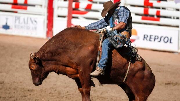 Marcos Gloria of Edmonton wins the bull riding event during finals rodeo action at the Calgary Stampede in 2018. (The Canadian Press - image credit)