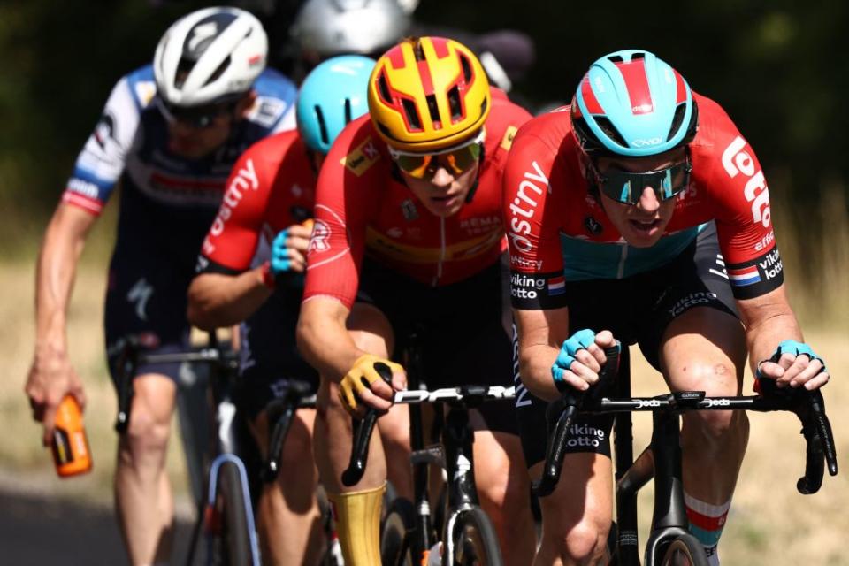 Lotto Dstnys Dutch rider Pascal Eenkhoorn R UnoX Pro Cycling Teams Norwegian rider Jonas Abrahamsen C Lotto Dstnys Belgian rider Victor Campenaerts 2nd L and Soudal QuickSteps Danish rider Kasper Asgreen L cycles in a breakaway during the 18th stage of the 110th edition of the Tour de France cycling race 184 km between Moutiers and BourgenBresse in the French Alps on July 20 2023 Photo by AnneChristine POUJOULAT  AFP Photo by ANNECHRISTINE POUJOULATAFP via Getty Images