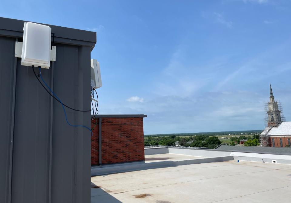 Two radars, each comparable in size to a large briefcase, have been installed on the rooftop of the Mabee Learning Center at Oklahoma Baptist University in Shawnee.