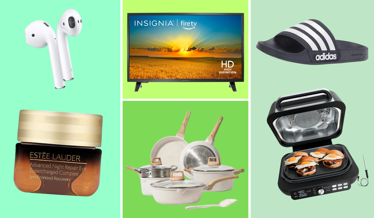 Apple AirPods, Insignia Fire TV, Estee Lauder cream, pots and pans set, Adidas slide sandal, and Ninja indoor grill with burgers cooking on it