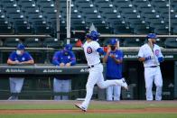 <p>Willson Contreras #40 of the Chicago Cubs celebrates after his solo home run in the first inning against the Minnesota Twins during an exhibition game at Wrigley Field.</p>