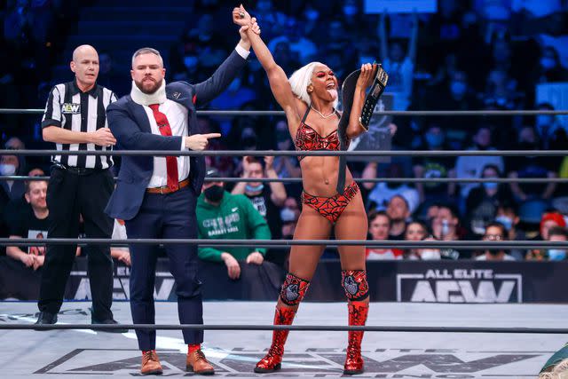 <p>Frank Jansky/Icon Sportswire via Getty</p> Mark Sterling (left) and Jade Cargill photographed in the ring for 'AEW Dynamite - Beach Break'