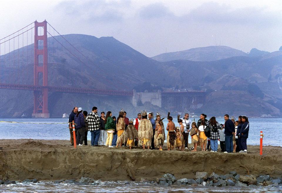 crissy3 c 09nov99 mn lh a sand barrier is removed to link the restored 20 acre crissy field tidal marsh members of the costanoan rumsen carmel tribe, one of several ohlone tribal groups whose ancestors stewarded the land and bay in this area, performed