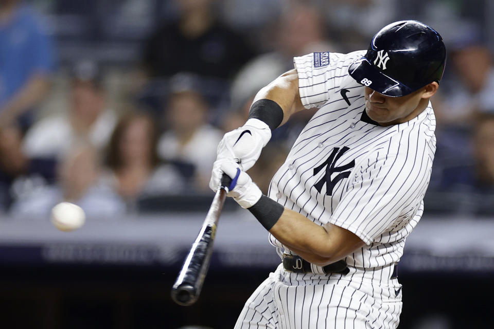 New York Yankees' Jasson Dominguez hits a home run during the third inning of a baseball game against the Detroit Tigers, Wednesday, Sept. 6, 2023, in New York. (AP Photo/Adam Hunger)