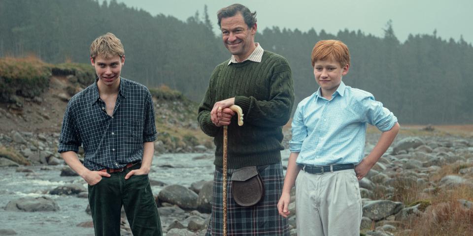 Rufus Kampa as Prince William, Dominic West as Prince Charles and Fflyn Edwards as Prince Harry in the final season of 