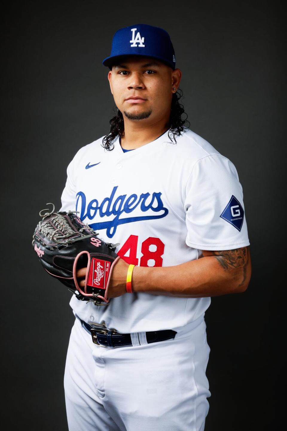 Dodgers relief pitcher Brusdar Graterol poses for a photo at spring training.