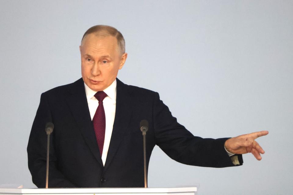 Russian President Vladimir Putin speaks during his annual meeting with the Federal Assembly on February 21, 2023, in Moscow, Russia. President Putin addressed his annual speech to the Federal Assembly prior to the first anniversary of Russia's military invasion of Ukraine.