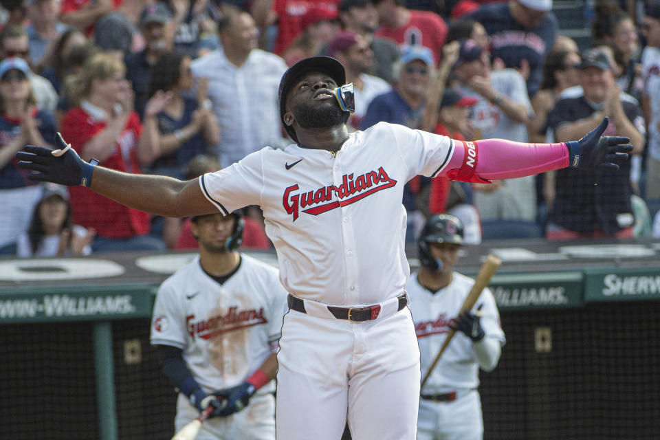Cleveland Guardians' Jhonkensy Noel reacts after hitting a solo home run off San Francisco Giants relief pitcher Luke Jackson during the fifth inning of a baseball game in Cleveland, Saturday, July 6, 2024. (AP Photo/Phil Long)