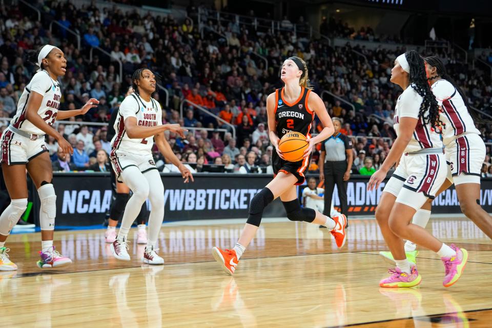 Oregon State's Lily Hansford drives to the basket against South Carolina in a March 31 NCAA Tournament game.