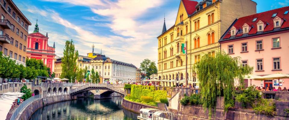 View of the Ljubljanica river canal in Ljubljana's historical quarter