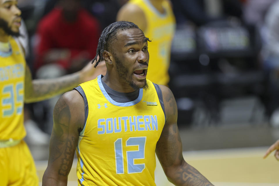 Southern forward Jalen Reynolds (12) reacts to a play against Grambling State in the first half of the NBA All-Star HBCU classic college basketball game Saturday, Feb. 18, 2023, in Salt Lake City. (AP Photo/Rob Gray)